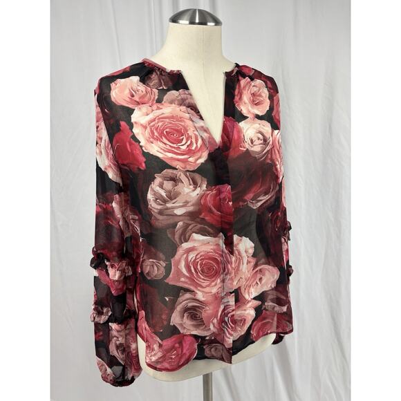 White House Black Market Rosé Floral Blouse Romantic Feminine Ruffle Sleeve XS - Picture 3 of 10